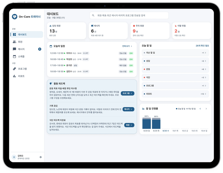 트레이너 웹 대시보드: 담당 회원, 오늘의 일정, 활동 피드백